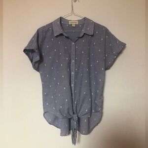 cloth & stone | Blue with White Embroidery Button Up Blouse